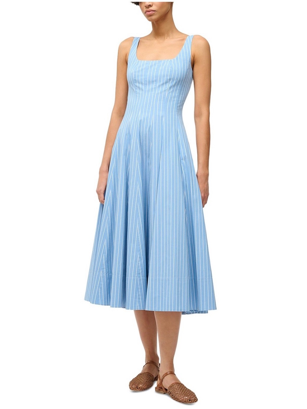 STAUD Wells Midi Dress in Azure Pinstripe, Size 14, NWT